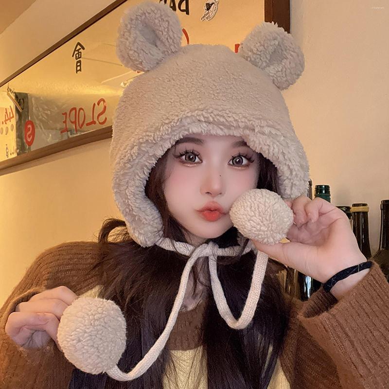 

Berets Cute Bear Ears Hat Female H Warm Ear Protection Student Lei Feng, White