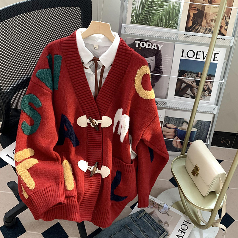 

Women  Knits Tees High Quality Oversized Knitted Cardigan Sweaters Letter Pattern Autumn Winter Sweater Coat Knit Jackets 221206, Red