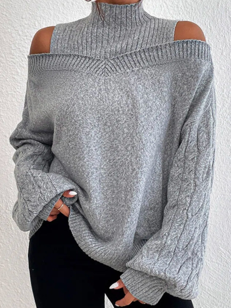 

Women  Sweaters Turtleneck Kintted Sweater Women Off Shoulder Pullovers Autumn Winter Warm Thick Jumpers Gray Hollow Out Y2k E girl Jumper 221206, Light blue