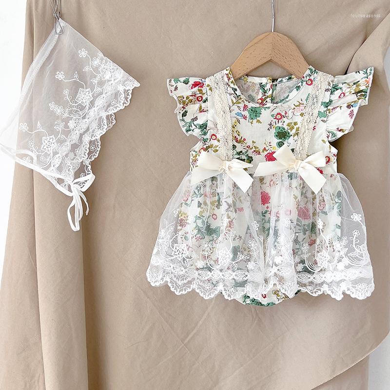 

Rompers Born Baby Girls Princess Dress Bodysuits Hat Flying Sleeve Cotton Printing Lace Stitching Summer Infant Jumpsuit, 202h20 beige