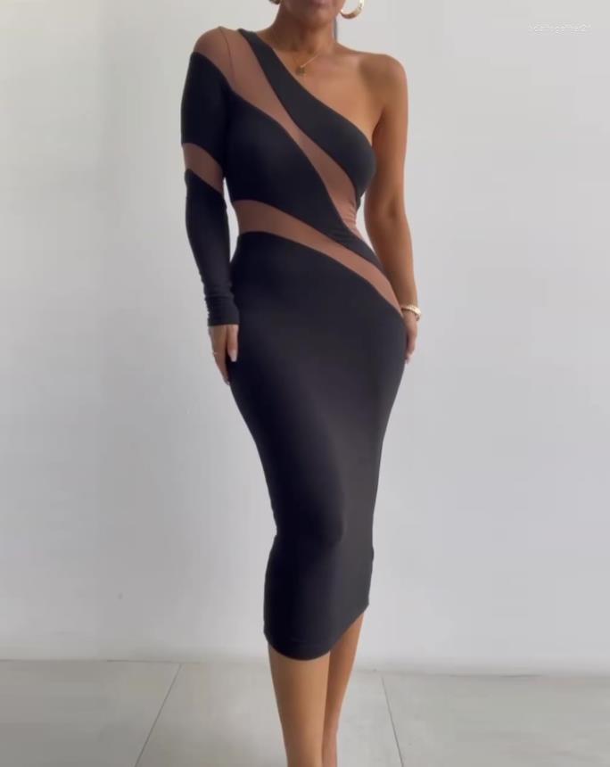 

Casual Dresses Elegant Women' 2022 Summer Contrast Mesh One Shoulder Plain Long Sleeve Bodycon Daily Dress