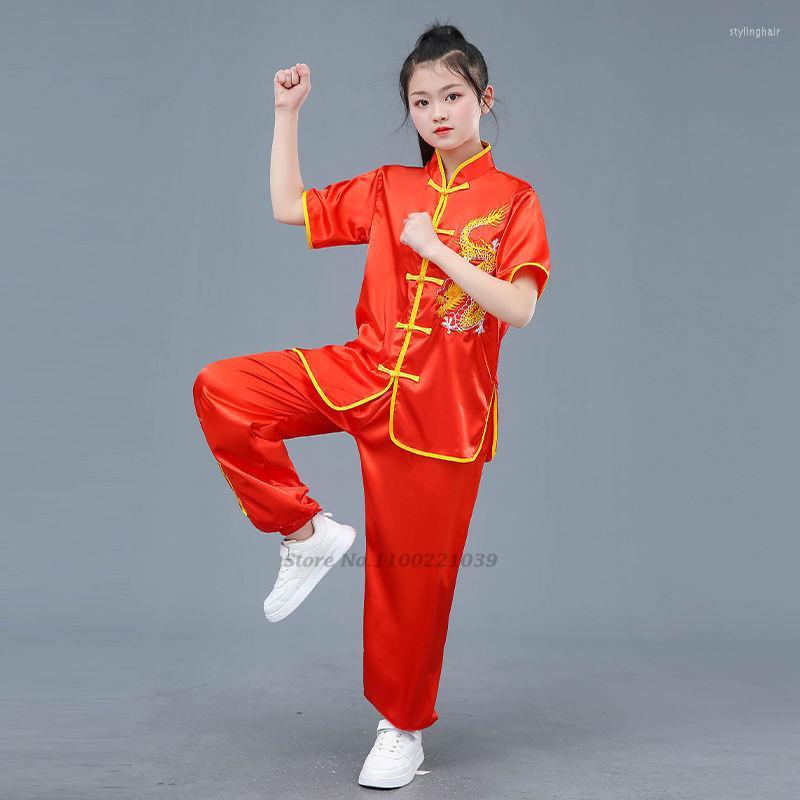 

Ethnic Clothing 2022 Chinese Vintage Kungfu Set Children Taichi Wushu Martial Arts Sets Dragon Embroidery Performance Competition