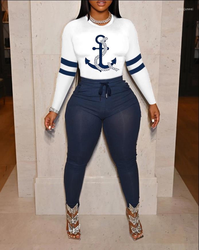 

Women' Two Piece Pants Sets Womens Outifits 2022 Fashion Anchor Print Long Sleeve Top & Drawstring Set Skinny Female Suit Outfits