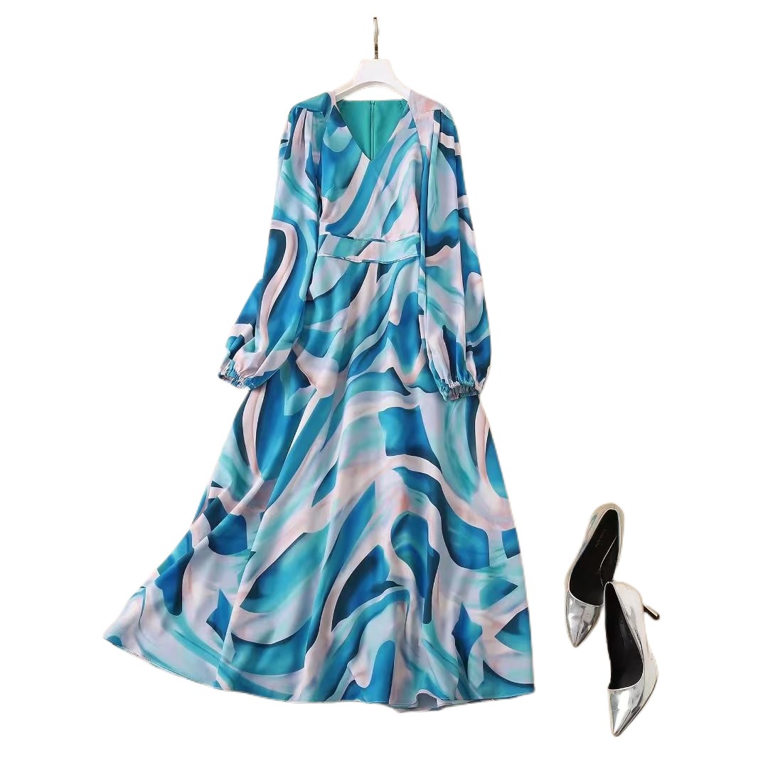 

European and American big brand early autumn new V-neck long sleeve oversized dress, Customize