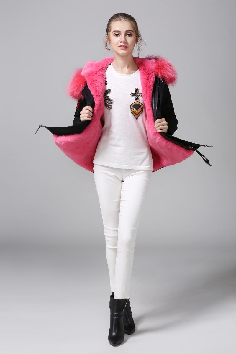 

Women's Fur & Faux Printed Black Coat Women Rose Red Lining Parka Fashion Latest, Picture shown