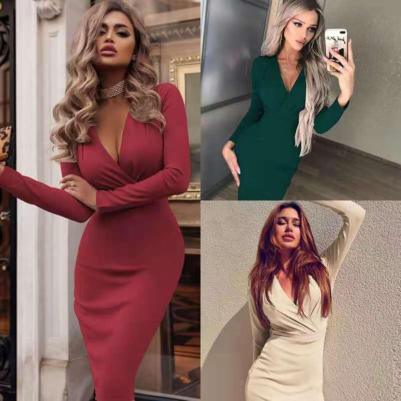 

Casual Dresses Women Spring Autumn Dress 2022 Fashion Selling Style Sexy Deep V Package Hip Long-sleeved Vestidos Myjysy009, Black