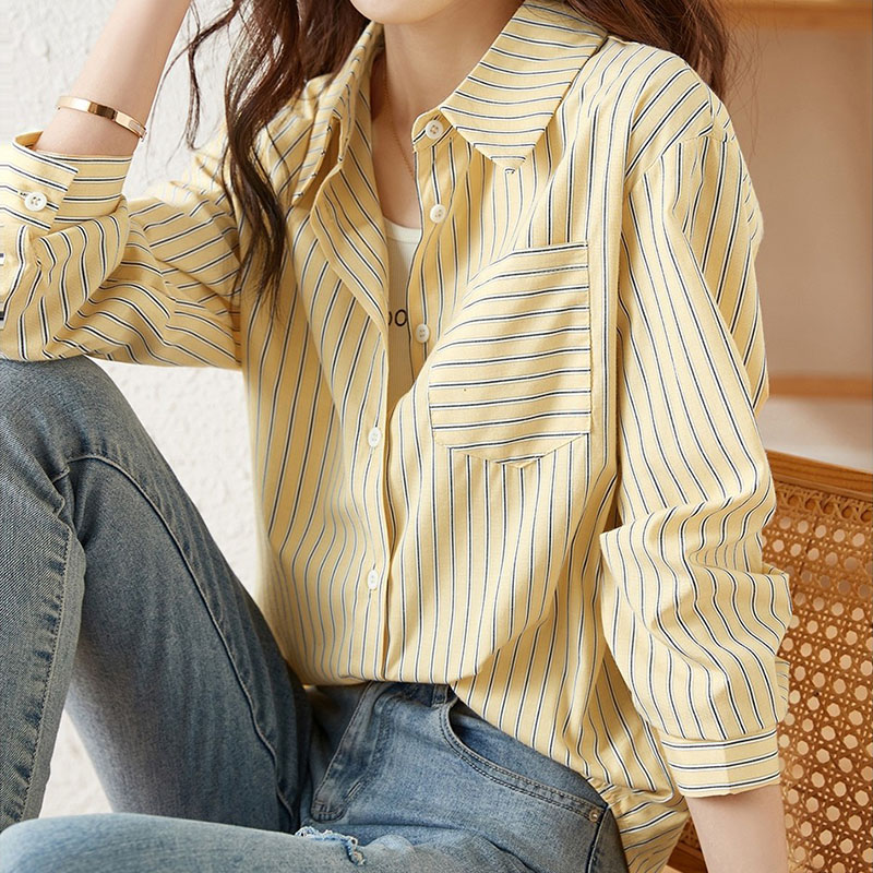 

Spring and summer 2023 new high-end striped shirt women' design sense of minority loose thin style French top, Yellow