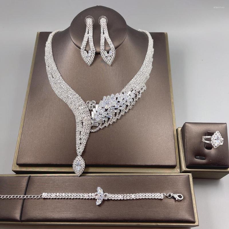 

Necklace Earrings Set Luxurious Wedding Bridal Party Rhinestone Choker Bracelet Ring Zircon For Women Girls Gift, Picture shown