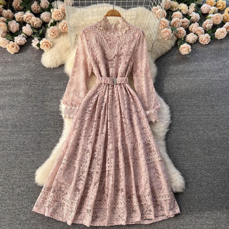 

Casual Dresses Autumn Full Sleeve Long Dress For Women 2022 O-Neck Solid Ladies Lace Vestidos De Fiesta Robe Femme, Pink