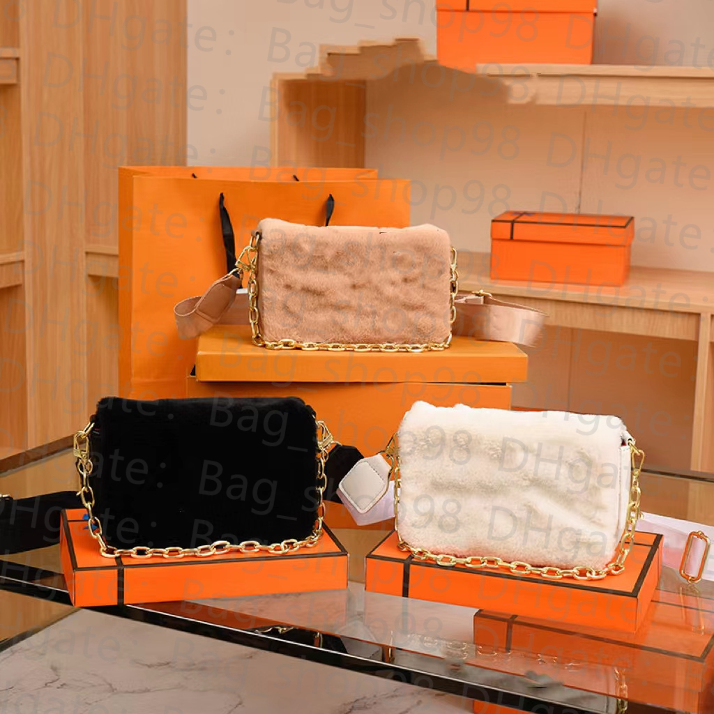 

Fashion plush shoulder bag Women bag Color contrast LOGO chain Large capacity flip designer Cross body wholesale, White