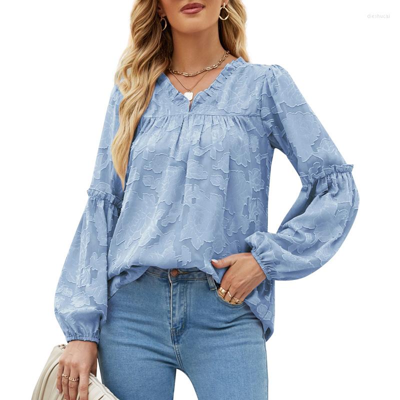 

Women' Blouses Selling Autumn Women' Long-sleeved Shirts Solid Color Comfortable Casual V-neck Loose Top Clothing Blouse Women, Sky blue