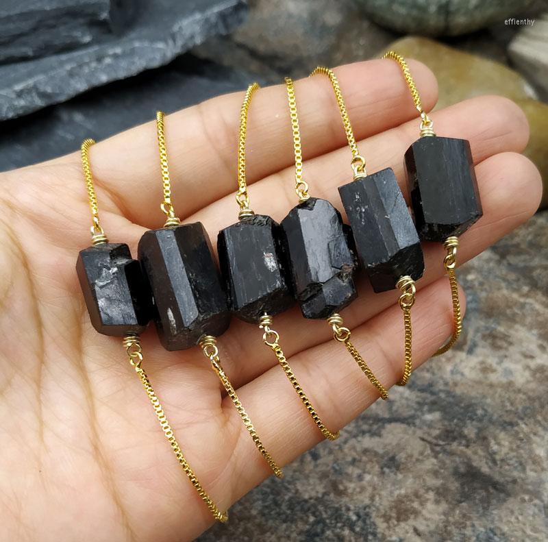 

Strand Natural Black Tourmaline Stone Gold Chain Tennis Bracelet Adjustable M0028