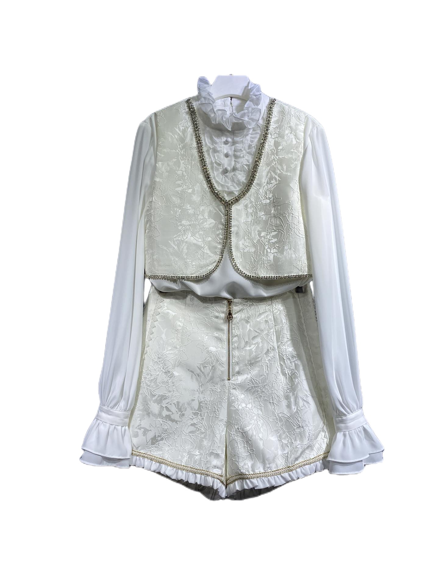

Spring 2023 New style slim stand collar shirt with waistcoat and shorts set, White
