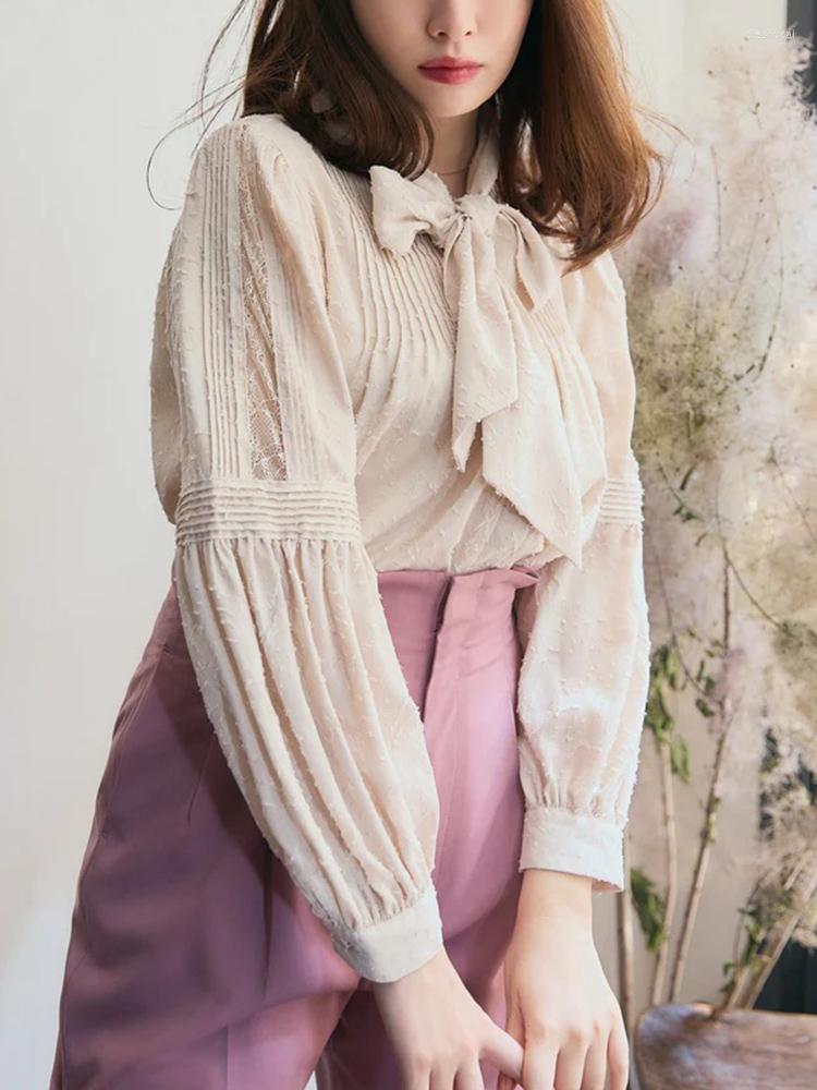 

Women' Blouses YIZZHOY Spring Autumn Women Bow Collar Chiffon Lantern Sleeve Blouse Japan Style Elegant Solid Color Shirts Tops Femme, Light wine