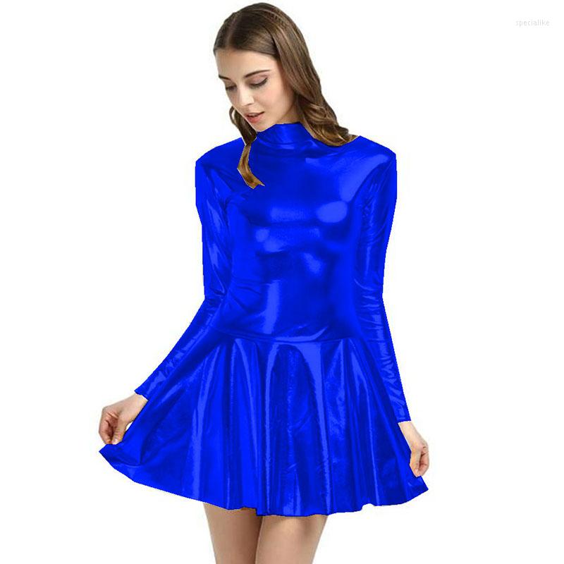 

Casual Dresses Long Sleeve A-Line Dress For Women Shiny Metallic Lady Mini Turtleneck Pleated Sexy Party Cocktail Clubwear, Light green