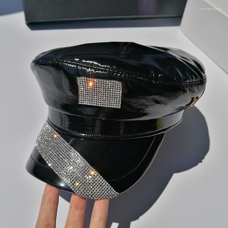 

Berets Shiny Patent Leather Flat-Top Cap Korean Rhinestone Black Sboy Women's Team Stage Octagonal Short-Brimmed Peaked