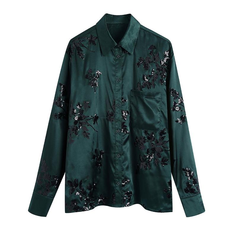 

Women's Blouses & Shirts Women Fashion Sequin Embroidery Soft Satin Blouse Office Ladies Pocket Chic Casual Business Button Tops, Green