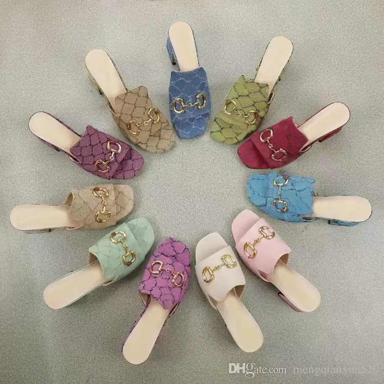 

designer shoes Summer Beach slipper fashion leather Metal buckle Women Shoes cowhide Thick heel Sandals lady letter Half High heels Large size 35-42 us4-us11 with box, Dark blue + cloth + letters