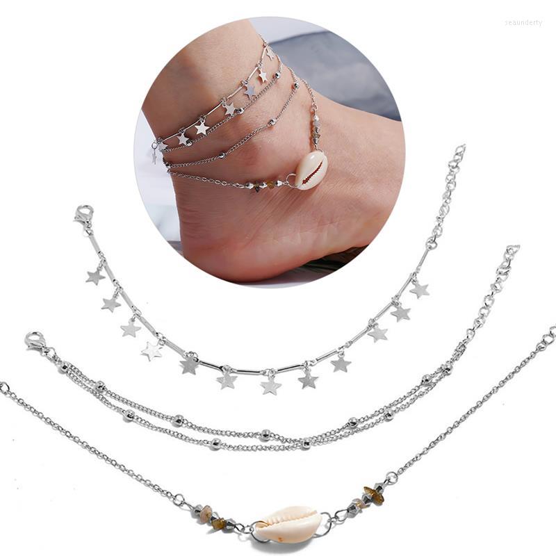 

Anklets 3Pcs/Lot Fashion Women's Anklet Set Beach Style Star Shell Decor Foot Jewelry Chain Accessories For Travel