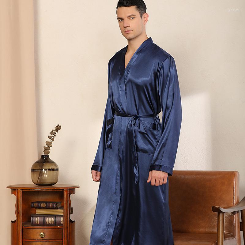 

Men' Sleepwear Men Long Kimono Bathrobe Gown Spring Summer Silk Satin Robe With Pocket Belt Loose Sleeve Home Wear Loungewear, Gray
