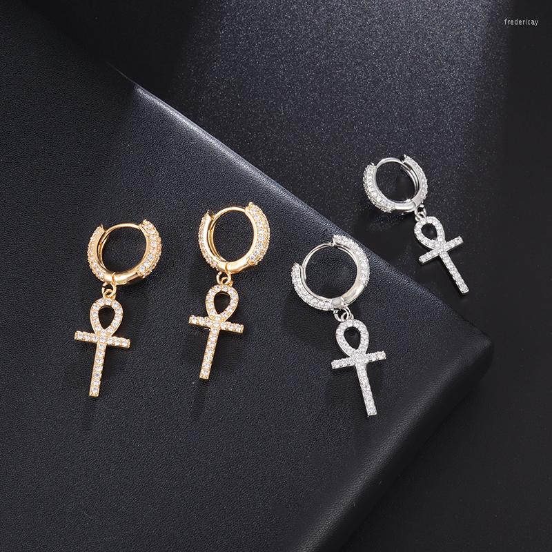 

Dangle Earrings Exquisite Shiny Gold Color Plated Full Inlaid Zircon Cross Fashion Trend Hip Hop Rock Jewelry Gifts For Men And Women