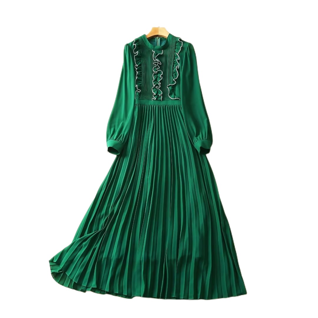 

2023 early spring runway style stand collar front small and medium split color contrast ruffle design strong long sleeve large hem pleated dress, Green