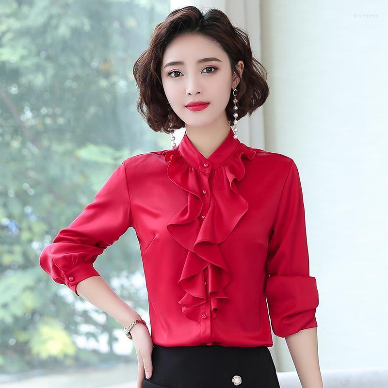 

Women's Blouses 2022 Spring Fall Stand Collar Ruffles Long Sleeve Women's Tops Solid Collor Korean Office Slim Blouse Ladies Blusas, Red
