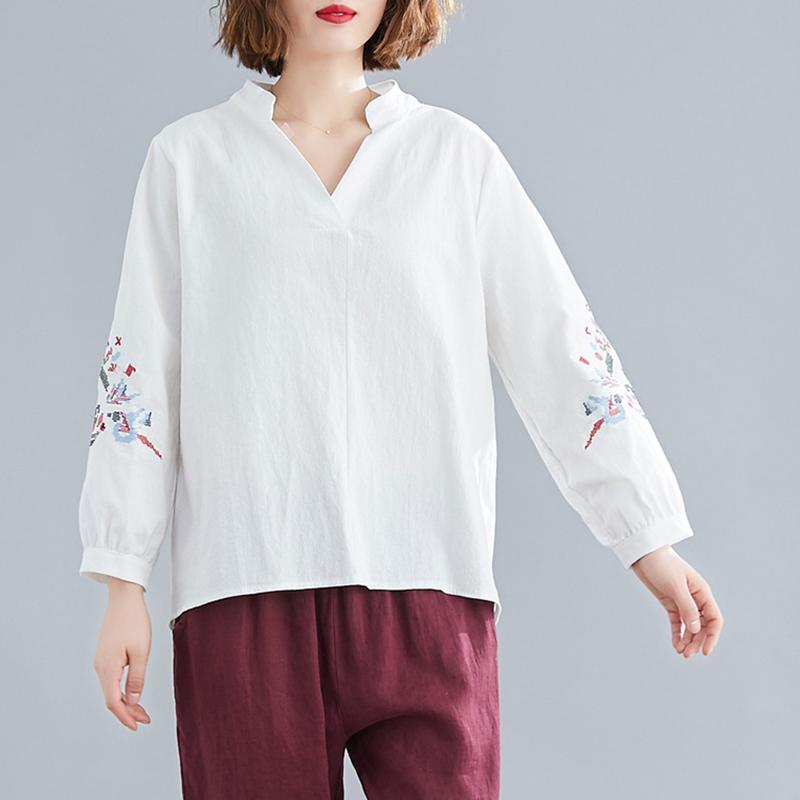 

Women's Blouses & Shirts Spring Women Loose Blouse Embroidered V-Neck Long Sleeve Vintage Tops Woman Casual, Blue