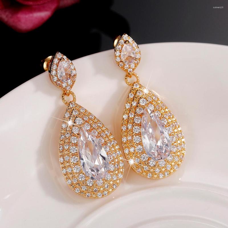 

Dangle Earrings Huitan Bridal Wedding Gold Color Pear Cubic Zirconia Fashion Trendy Women's Drop Engagement Jewelry