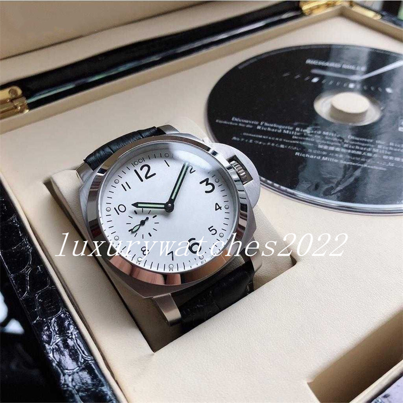 

Business Mens Watch 44mm White Dial second hand work Genuine Leather Strap 1950 Transparent movement Back Automatic Mechanical Wristwatches, Add box