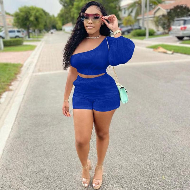 

Women' Tracksuits 2022 INS Summer Casual Fashion Women Slim Street Sexy Commuter Bubble Sleeve One-Shoulder Two-Piece Set, Black