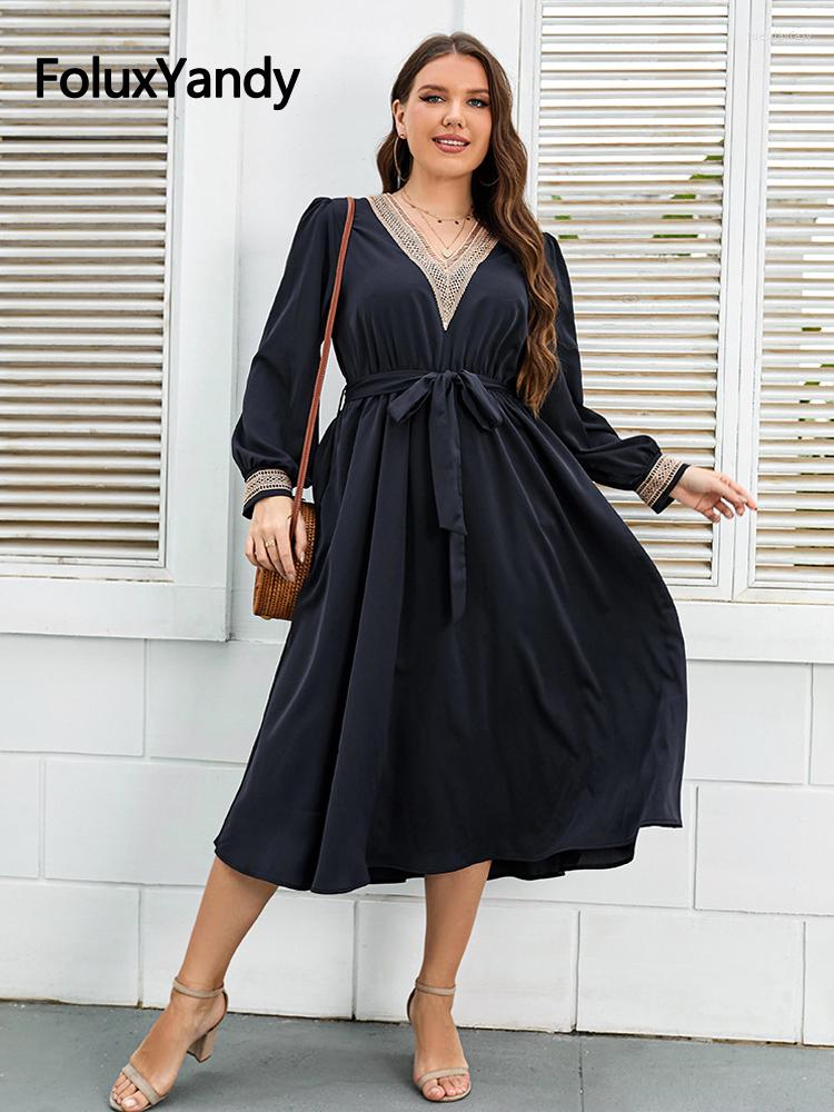 

Plus Size Dresses European Style Women Dress 3XL 4XL Casual Lace V Neck Loose Midi A-line Long Sleeve CNFS103, Navy blue