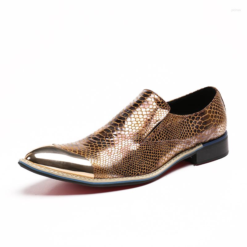 

Dress Shoes Style Gold Genuine Leather Loafers Without Lacing Men Casual Men's Flats Metal Tip, Picture shown