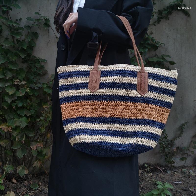 

Evening Bags Blue Stripes Large Straw For Women Capacity Woven Shoulder Summer Beach Weaving Shopper Ladies