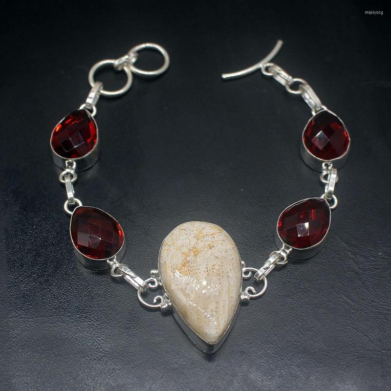 

Link Bracelets Rare Stylish Natural OceanJasper RedTopaz Silver Color Charms Links For Women 8 Inch HD699