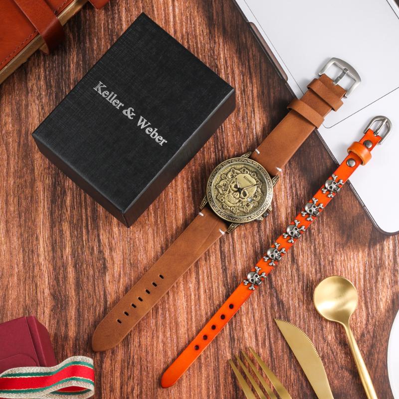 

Wristwatches Watch With Bracelet For Men Bronze Vintage Embossed Skull Leather Waterproof Calendar Quartz Luxury Gift Set, Watch gift set 01
