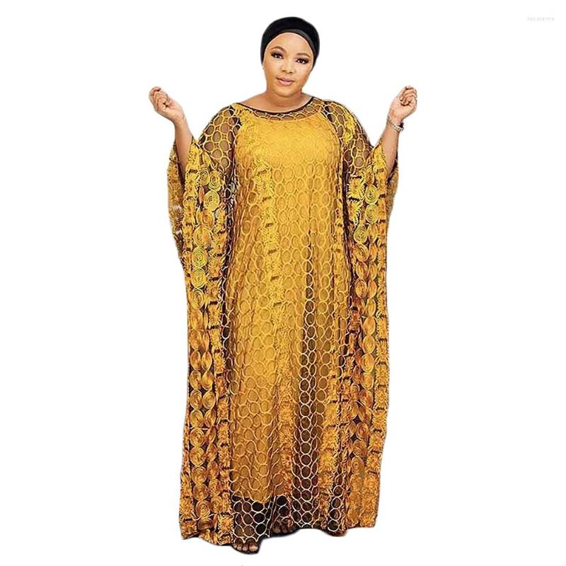 

Ethnic Clothing Embroidered Mesh Frock African Dresses For Women 2022 Elegant Yellow Robe With Suspender Lined Dress Boubou Muslim