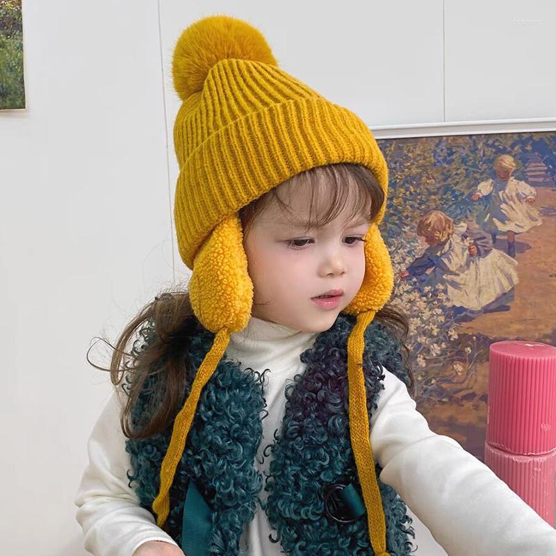 

Hats Children Winter Cap Fashion Wool Windproof Keep Warm Earflaps Cotton Knitted Hat With Pompoms Kids Accessories, Yellow