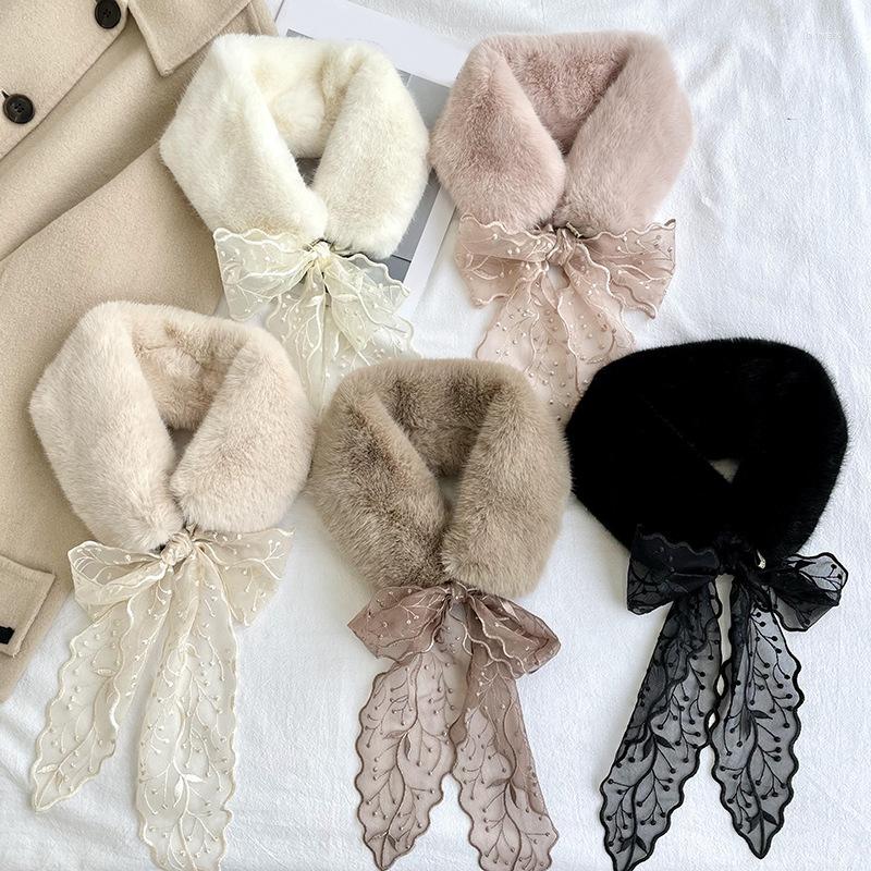 

Scarves Luxury Fashion Soft Women Faux Fur Collar Scarf Plush Neck Warmer Winter Shawl Wrap Girl Lace Ribbon Neckerchief
