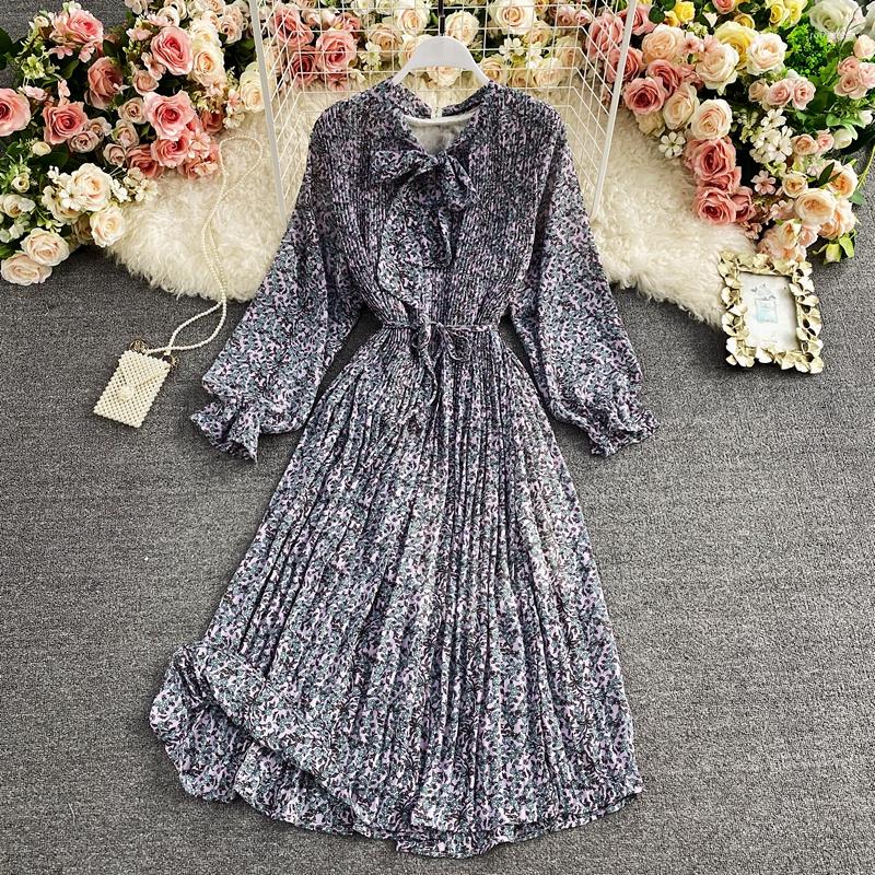

Casual Dresses Elegant Floral Print Long Sleeve Women Dress 2022 Spring Summer Vintage Bow A-Line Slim Pleated Chiffon Party Vestidos, Beige