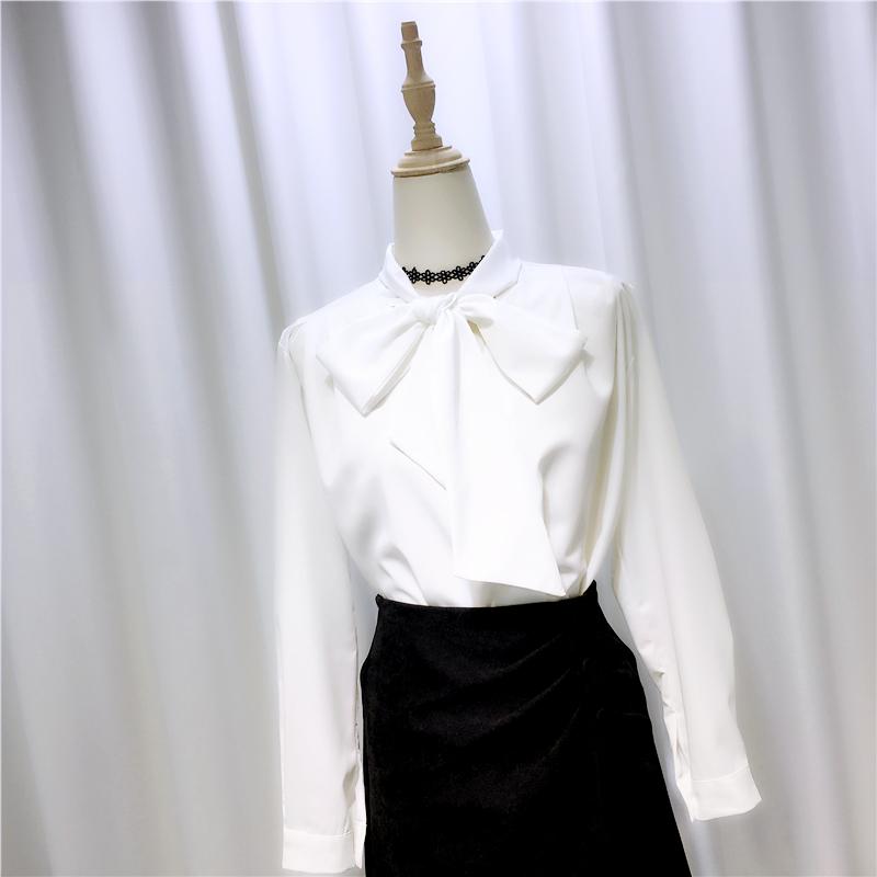 

Women' Blouses & Shirts Bow Neck Chiffon Women Blouse Long-Sleeved Solid White Slim Fashion All Match Office Lady Elegant Work Tops