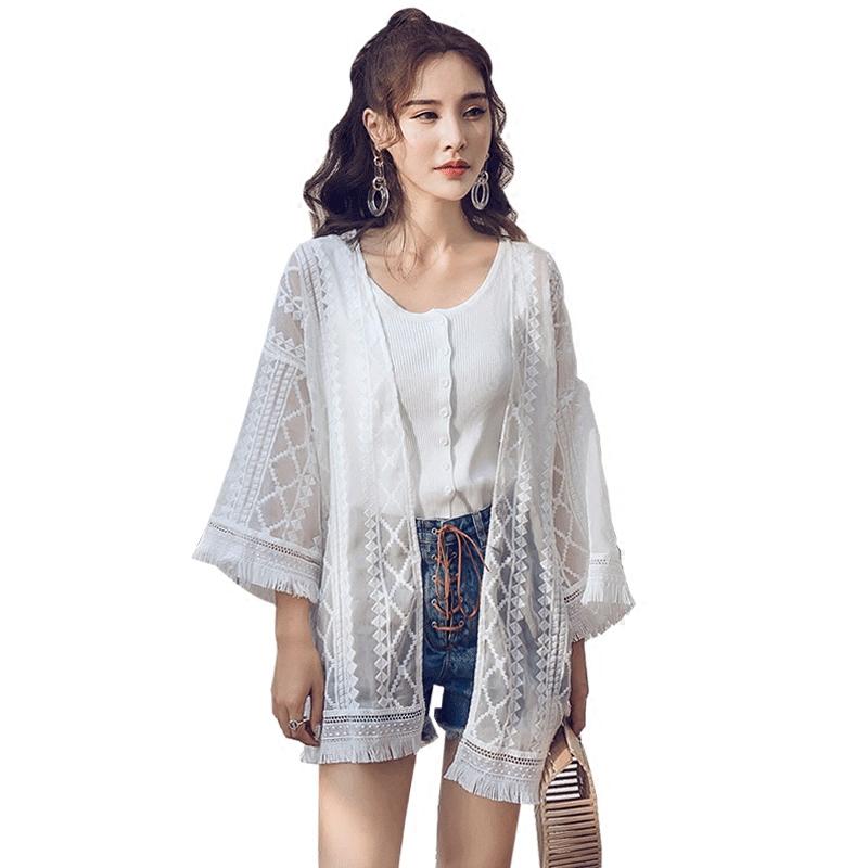 

Women's Blouses & Shirts Embroidery Tassel Fringe Shawl Open Cardigan Hollow Out Lace Tops Women Summer Beach Female Oversize Loose Thin Blo, White