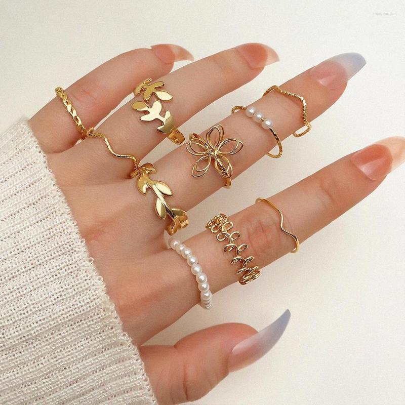 

Wedding Rings IFMY 10 Pcs/Set Gold Color Bohemian Set Womens Fashion Hollow Ear Of Wheat Metal Imitation Pearl 2022 Jewelry Gifts