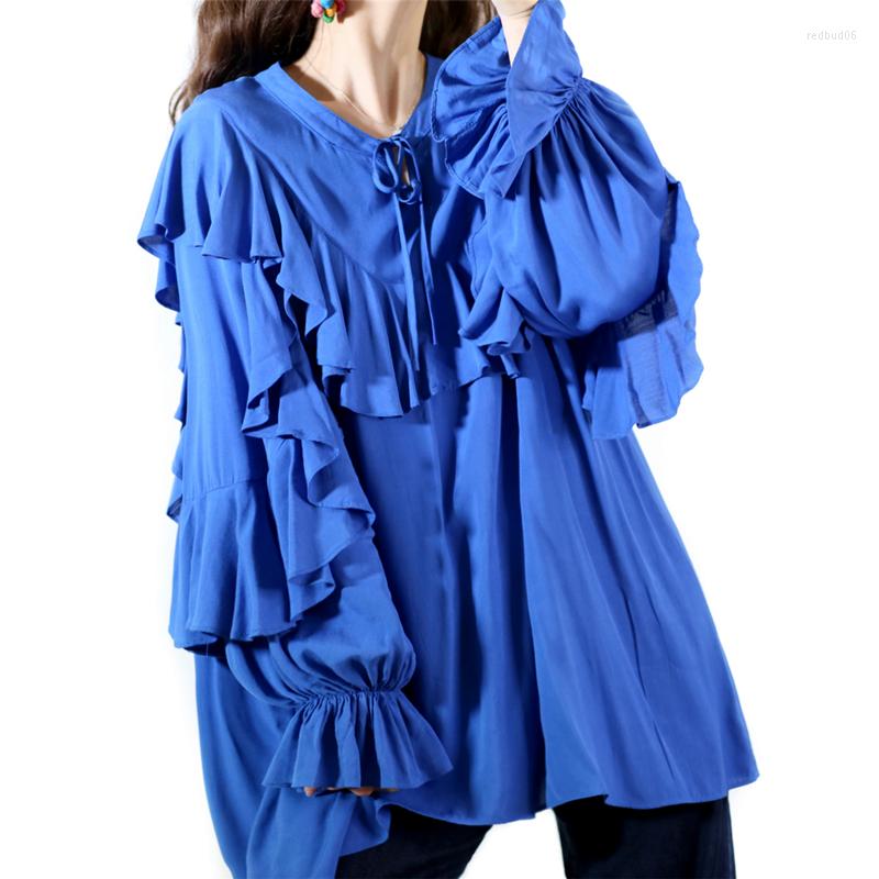 

Women's Blouses Spring Autumn Women Loose Oversized Bohemian Style Mori Kei Girl Lantern Sleeve National Trend Ruffled Blue Shirts/Blouses