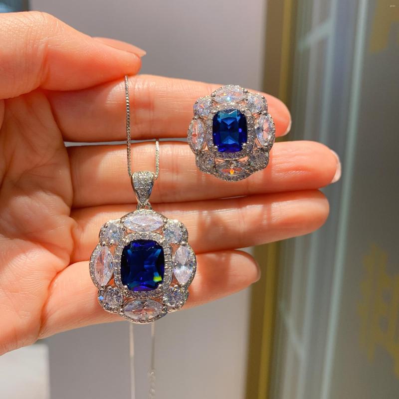 

Necklace Earrings Set EYIKA Gorgeous Wedding Square Royal Blue Created Tanzanite Cubic Zirconia Flower Pendant Ring For Women, Picture shown