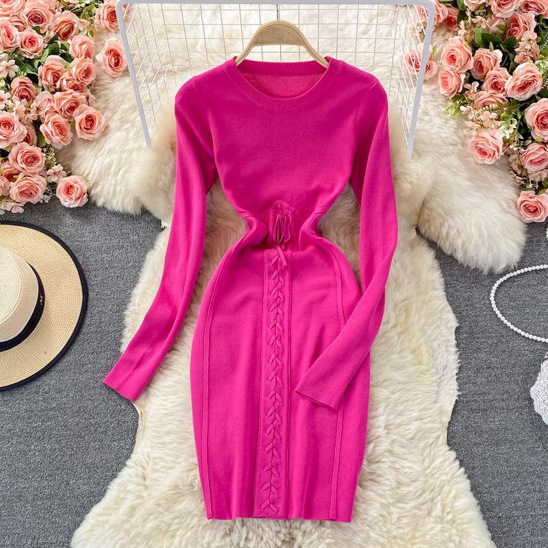 

Casual Dresses Knit Dress Women 2022 Autumn And Winter Long Sleeve Sweater O-neck Slim Elastic Lace-up Bandage Mini Party Vestidos, Black