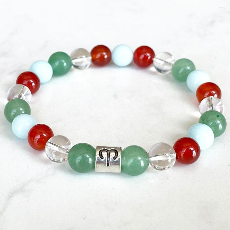 

Link Bracelets MG1698 Womens Aries Zodiac Bracelet 8 MM Clear Quartz Green Aventurine Aquamarine Energy Wrist Mala Natural Gemstone Jewelry