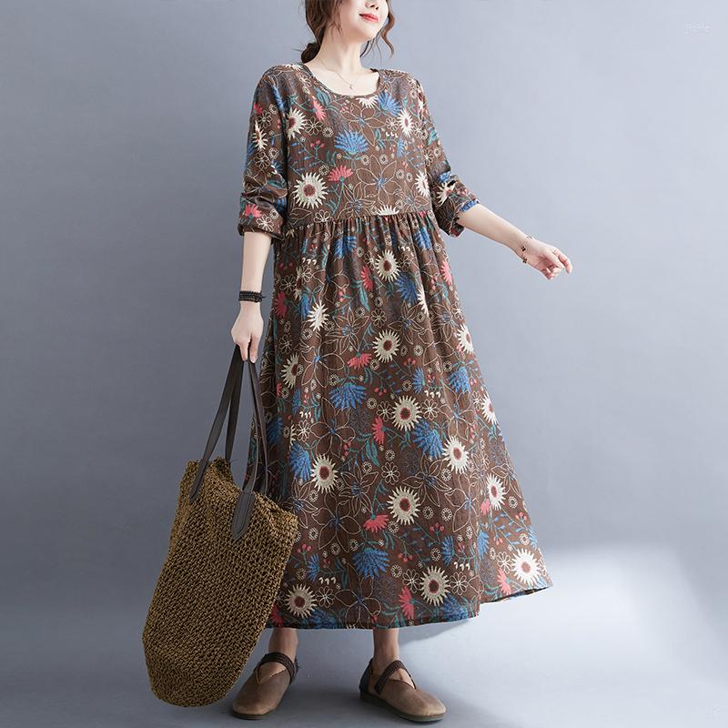 

Casual Dresses 2022 Arrival Long Sleeve Thin Soft Cotton Loose Spring Dress Print Floral Vintage Office Lady Work Women, Blue