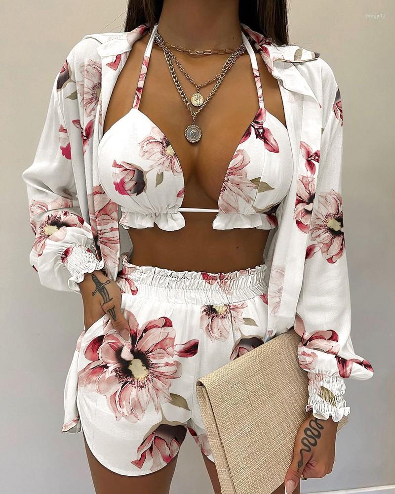 

Women' Shorts 2022 Fashion Women' Sexy Summer Solid Color Printing 3-piece Casual Beach Suit Women & Female, Beige