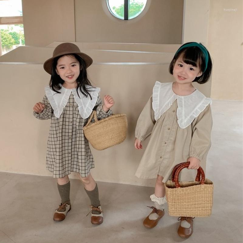 

Girl Dresses Spring And Autumn Clothes For Girls Children's Skirt Cotton Linen Lace Lapel Plaid Dress Kids 3 To 8 Years Old, Beige